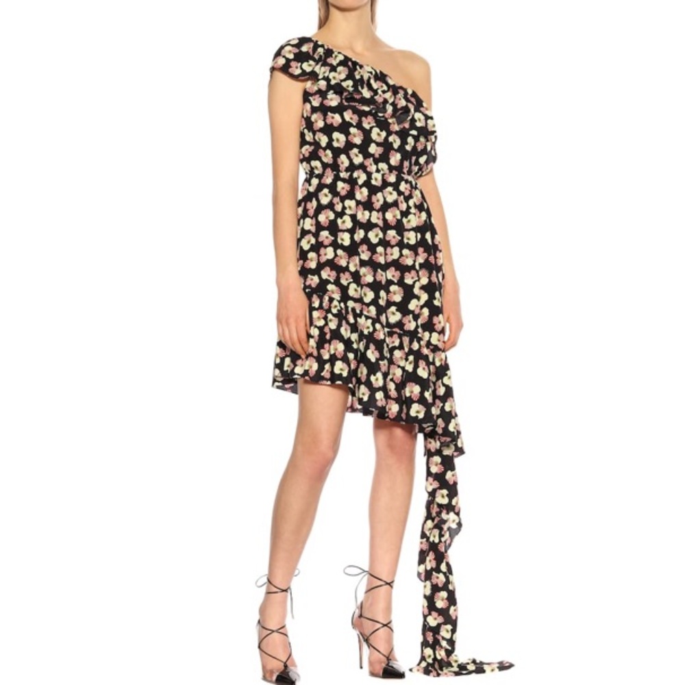 ROKH asymmetrical navy silk floral dress